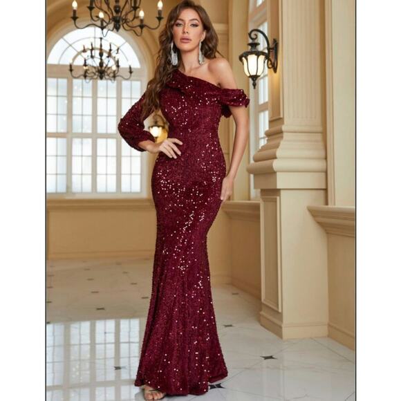 Burgundy Sequin Maxi One Shoulder Dress - Picture 1 of 4